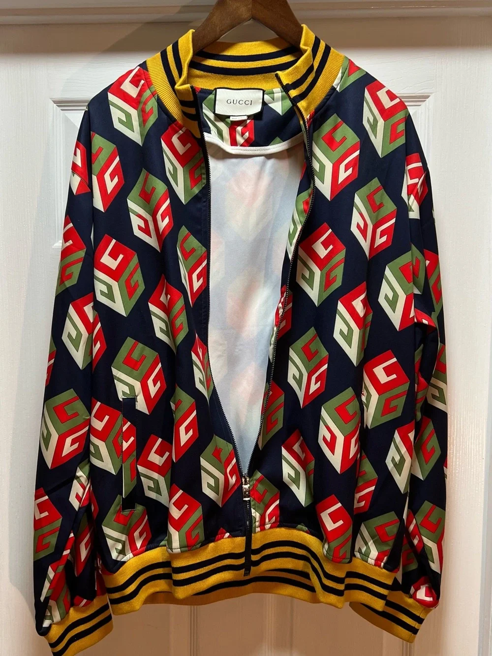 Gucci Navy Red Green White Geometric Bomber Jacket